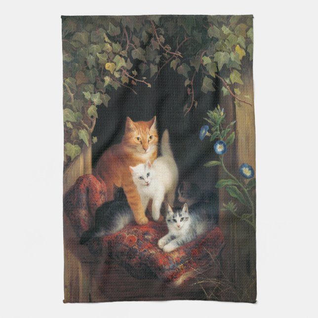 Cat With Kittens (Animal Art) Kitchen Towel (Vertical)