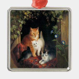 Cat With Kittens (Animal Art) Metal Ornament