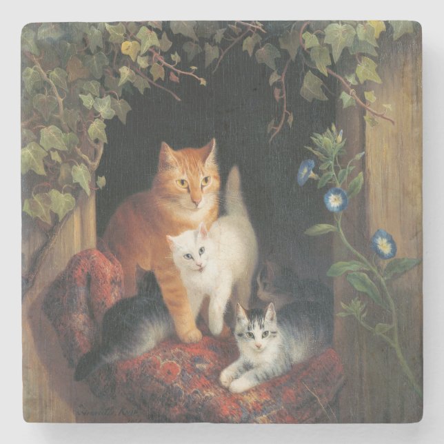 Cat With Kittens (Animal Art) Stone Coaster (Front)