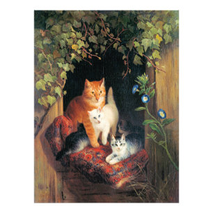 Cat with Kittens, fine art painting, Photo Print