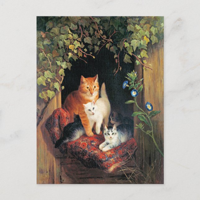 Cat with Kittens, fine art painting, Postcard (Front)