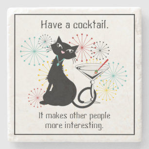 Cat with Martini Glass Stone Coaster