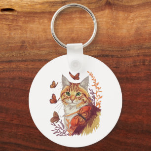 Cat with Monarch Butterflies Keychain