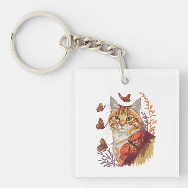 Cat with Monarch Butterflies Keychain (Front)