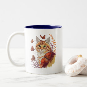 Cat with Monarch Butterflies Two-Tone Coffee Mug