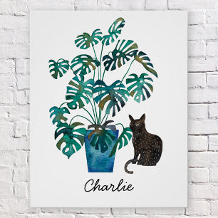 Cat with Monstera Plant Watercolor Personalized Poster