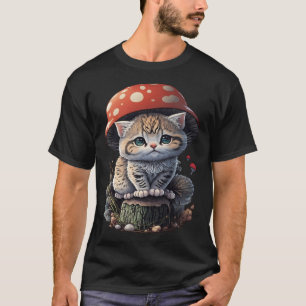 Cat with Mushroom Hat Cute Cottage Core Aesthetic T-Shirt