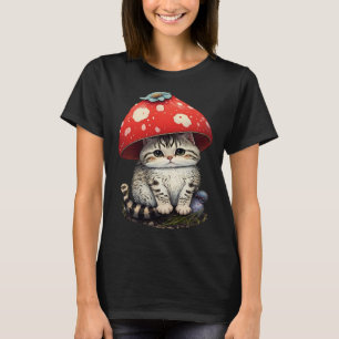 Cat with Mushroom Hat Cute Cottage Core Aesthetic  T-Shirt