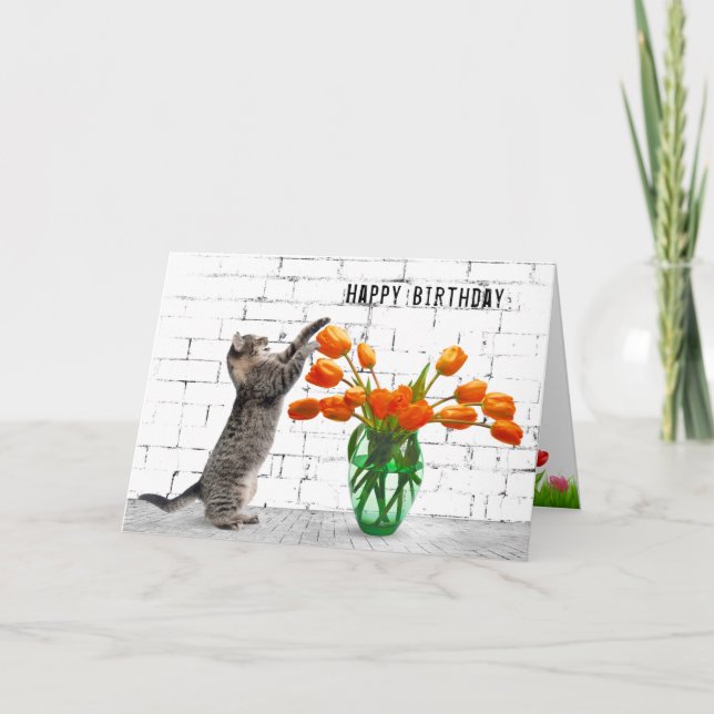Cat with Orange Tulips Birthday Card (Front)