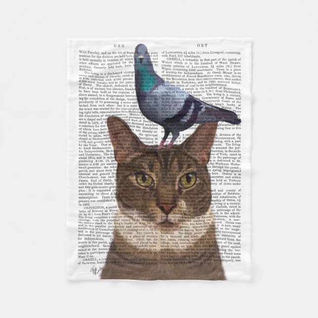 Cat with Pigeon on Head Fleece Blanket (Front)