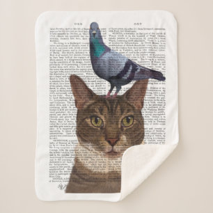 Cat with Pigeon on Head Sherpa Blanket