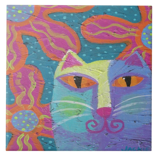 Cat with Pink Flowers Abstract Painting Tile (Front)