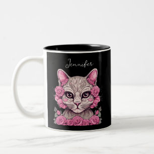 Cat with Pink Roses Personalized Birth Flower Mug