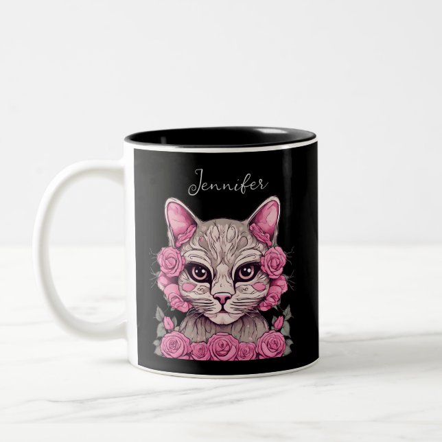 Cat with Pink Roses Personalized Birth Flower Mug (Left)