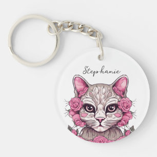 Cat with Pink Roses Personalized Keychain