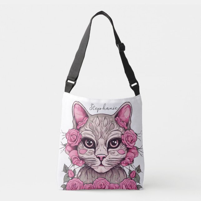 Cat with Pink Roses Personalized Tote Bag (Front)