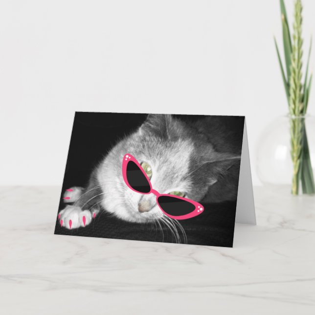 Cat With Pink Sunglasses & Claws Greeting Card (Front)