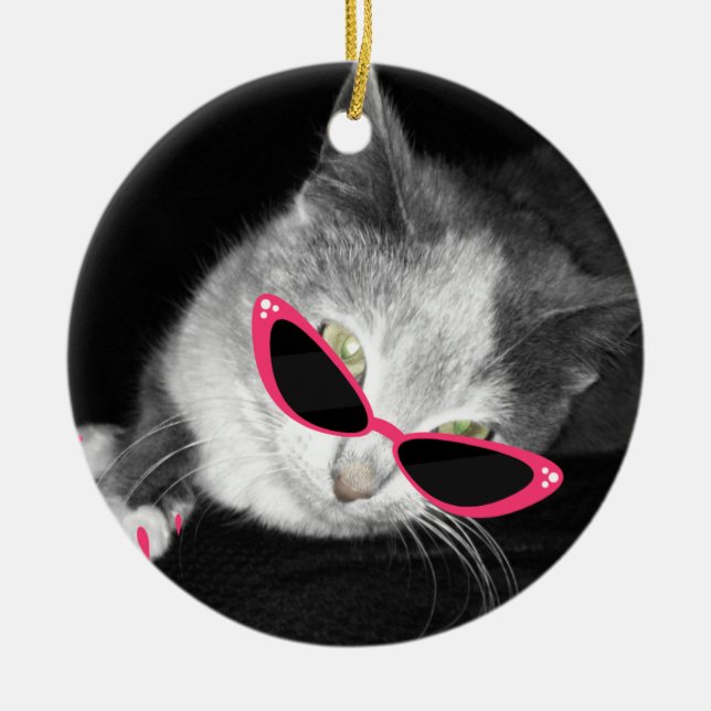 Cat With Pink Sunglasses & Claws Ornament (Front)