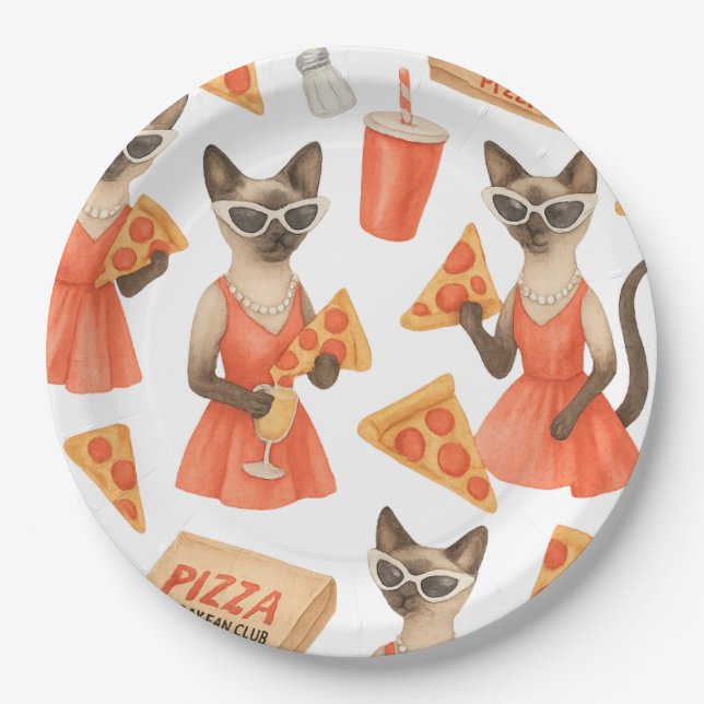 Cat with pizza for Siamese Cat Lovers Paper Plate (Front)