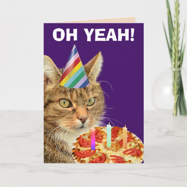 CAT WITH PIZZA FUNNY BIRTHDAY GREETING CARDS (Front)