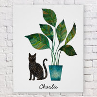 Cat with Potted Plant Watercolor Personalized