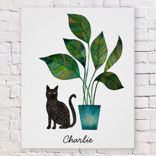 Cat with Potted Plant Watercolor Personalized Poster