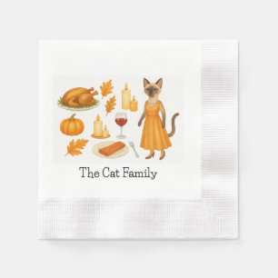 Cat with Pumpkin and turkey for Thanksgiving Napkin