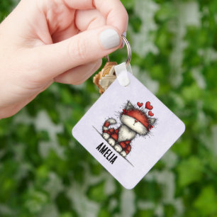 Cat with Red Hearts Cute and Fun Keychain