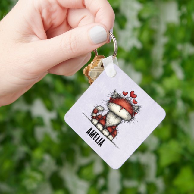 Cat with Red Hearts Cute and Fun Keychain (Hand)