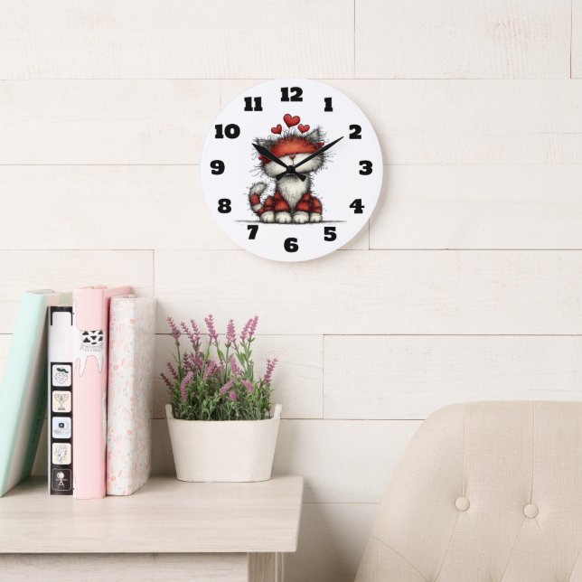 Cat with Red Hearts Cute and Fun Large Clock (Reading Room)