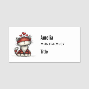 Cat with Red Hearts Cute and Fun Name Tag