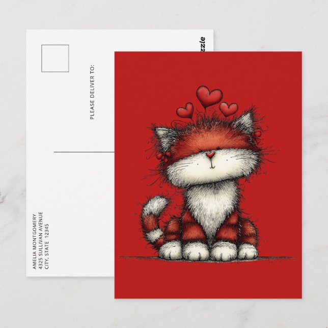 Cat with Red Hearts Cute and Fun Postcard (Front/Back)