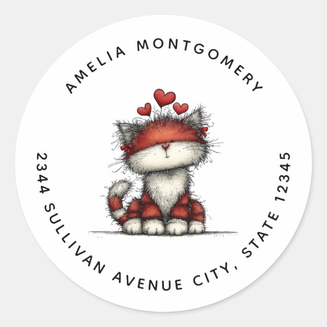 Cat with Red Love Hearts Cute and Funny - Address Classic Round Sticker (Front)