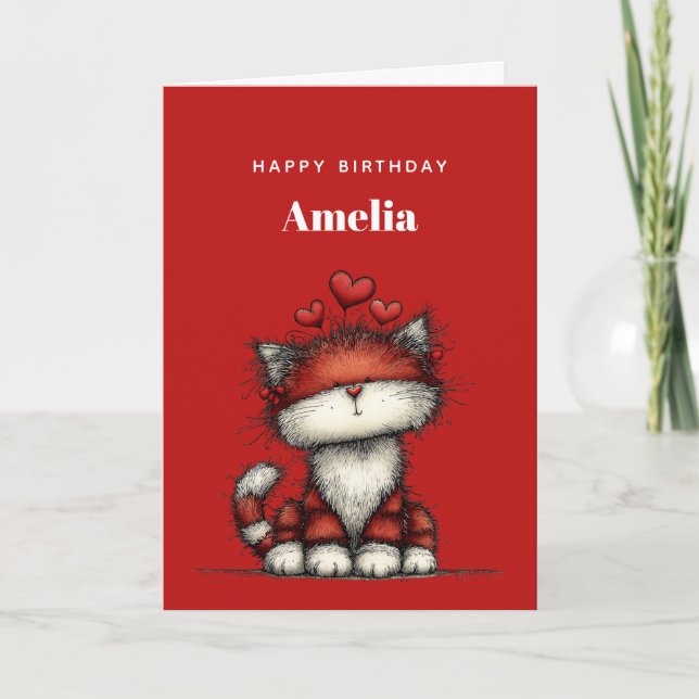 Cat with Red Love Hearts Cute and Funny Birthday Card (Front)