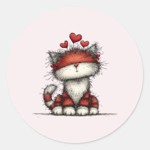 Cat with Red Love Hearts Cute and Funny Classic Round Sticker