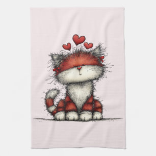 Cat with Red Love Hearts Cute and Funny Kitchen Towel