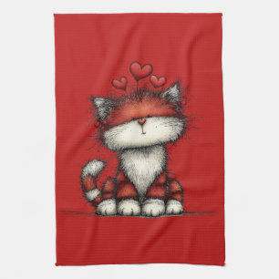 Cat with Red Love Hearts Cute and Funny Kitchen Towel