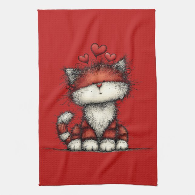 Cat with Red Love Hearts Cute and Funny Kitchen Towel (Vertical)