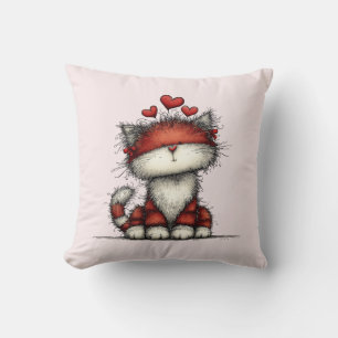 Cat with Red Love Hearts Cute and Funny Throw Pillow