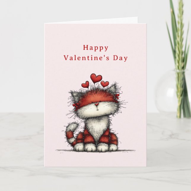 Cat with Red Love Hearts Cute Fun Valentine's Day Holiday Card (Front)