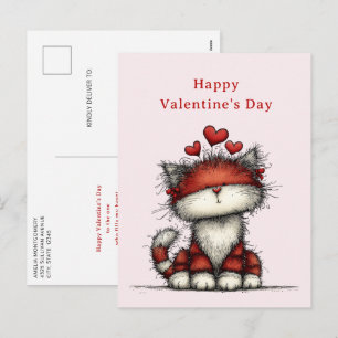 Cat with Red Love Hearts Cute Fun Valentine's Day Holiday Postcard