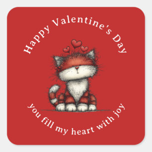 Cat with Red Love Hearts Cute Fun Valentine's Day Square Sticker