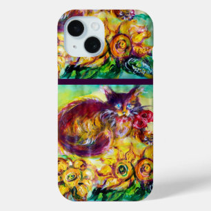 CAT WITH RED RIBBON AND SUNFLOWERS iPhone 15 CASE