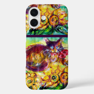 CAT WITH RED RIBBON AND SUNFLOWERS iPhone 16 CASE
