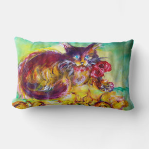 CAT WITH RED RIBBON AND SUNFLOWERS LUMBAR PILLOW