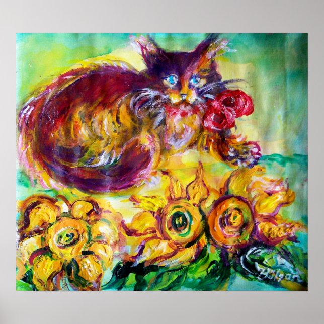 CAT WITH RED RIBBON AND SUNFLOWERS POSTER (Front)
