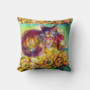 CAT WITH RED RIBBON AND SUNFLOWERS THROW PILLOW