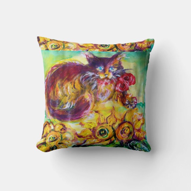 CAT WITH RED RIBBON AND SUNFLOWERS THROW PILLOW (Front)