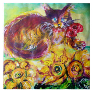 CAT WITH RED RIBBON AND SUNFLOWERS TILE