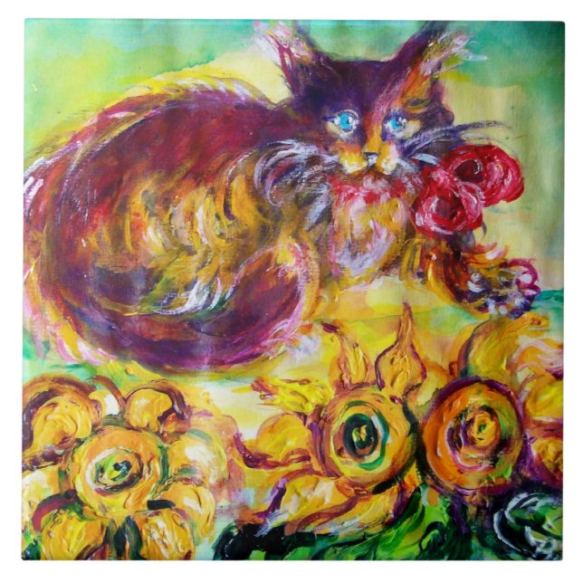 CAT WITH RED RIBBON AND SUNFLOWERS TILE (Front)